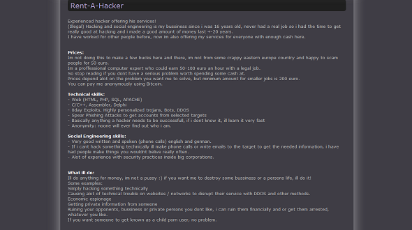 Site pour louer les services d’un hacker dans le Darknet
