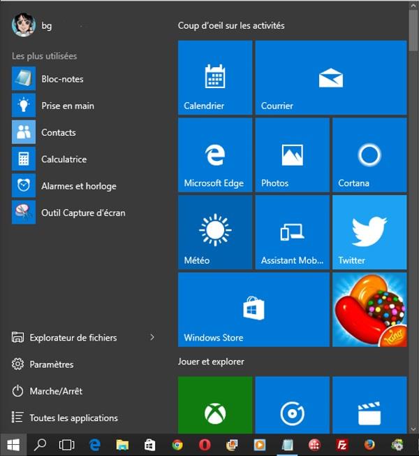 menu démarrer de Windows 10