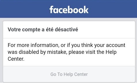 Message compte Facebook désactivé